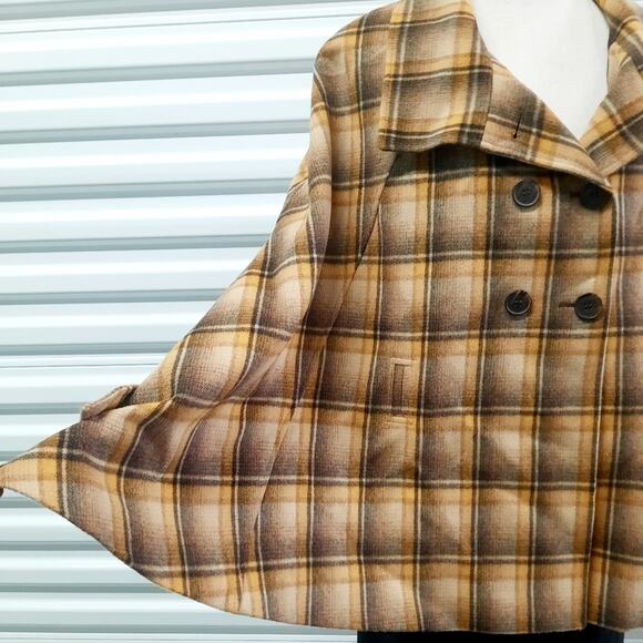 Tahari Plaid Wool Blend Cape Coat Brown Womens 12 Classic Fall Academia Jacket - Picture 6 of 9
